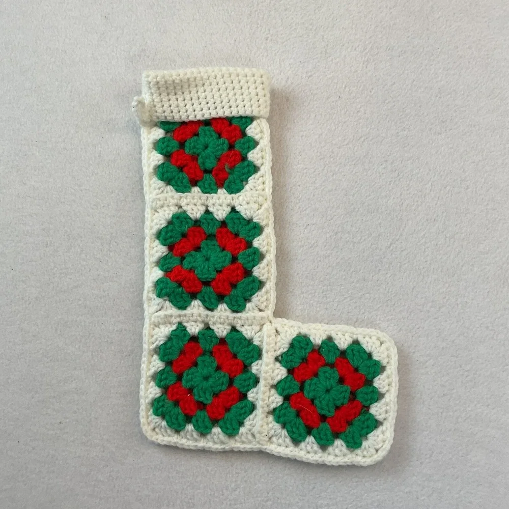 Granny Square Christmas Stockings Set Of 2 Red Green White Handmade Holiday